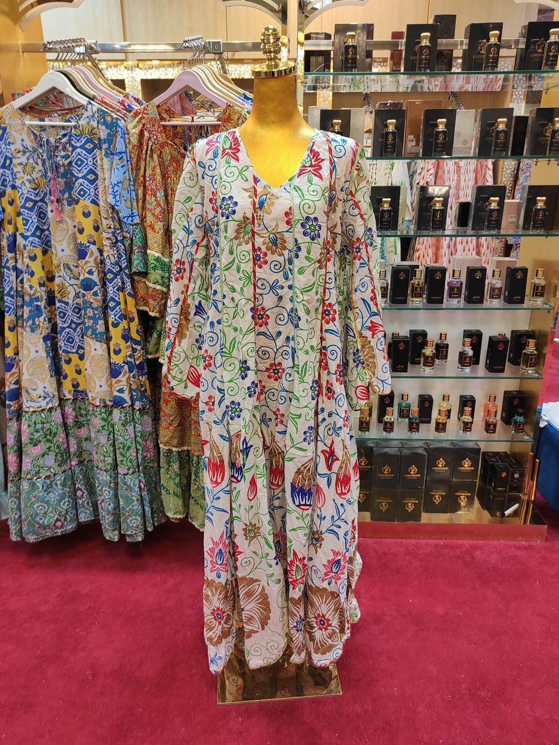 L/XL Meher Crystal White Multi Cotton Dress 56&quot; Long Jalabiya