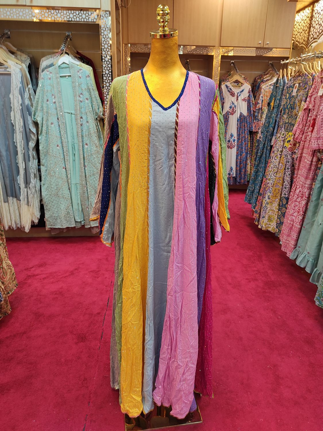 L/XL Meher Crystal Multi Printed Silk Dress 56&quot; Long Jalabiya