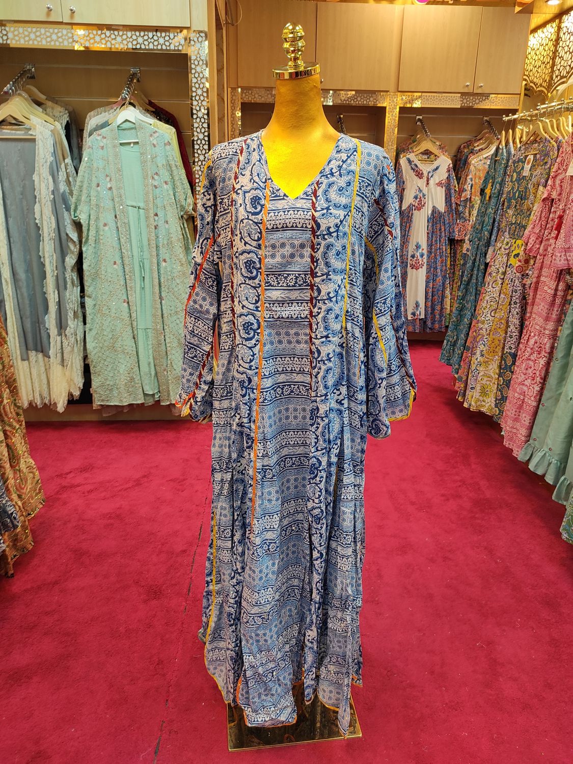L/XL Meher Crystal  Multi Cotton Dress 57&quot; Long Jalabiya