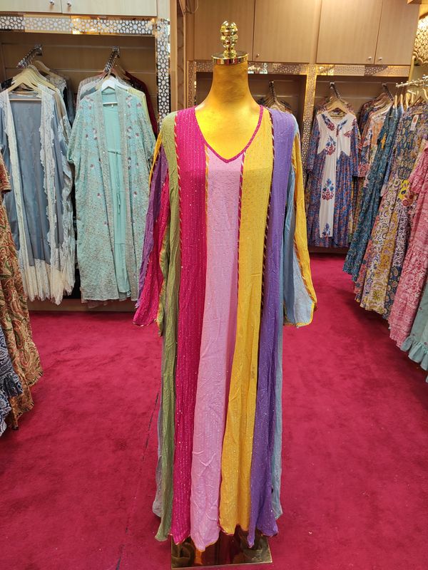 L/XL Meher Crystal Multi Printed Silk Dress 56&quot; Long Jalabiya