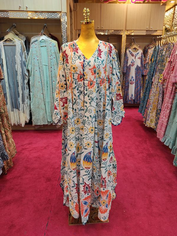 L/XL   Meher Crystal White Cotton Dress 56&quot; Long Jalabiya