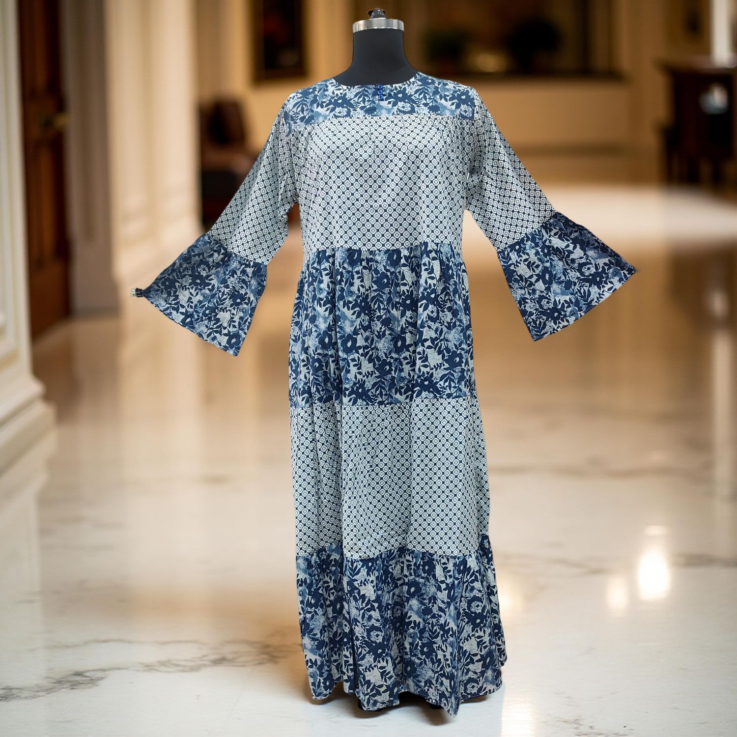 10-11 Year Blue And White Moon Printed Cotton Dress 46&quot; Long Jalabiya
