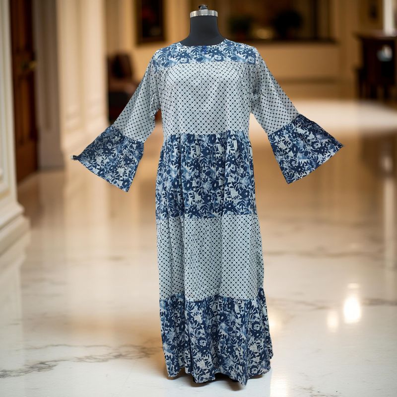 L/XL Blue And White Moon Printed Cotton Dress 57&quot; Long Jalabiya