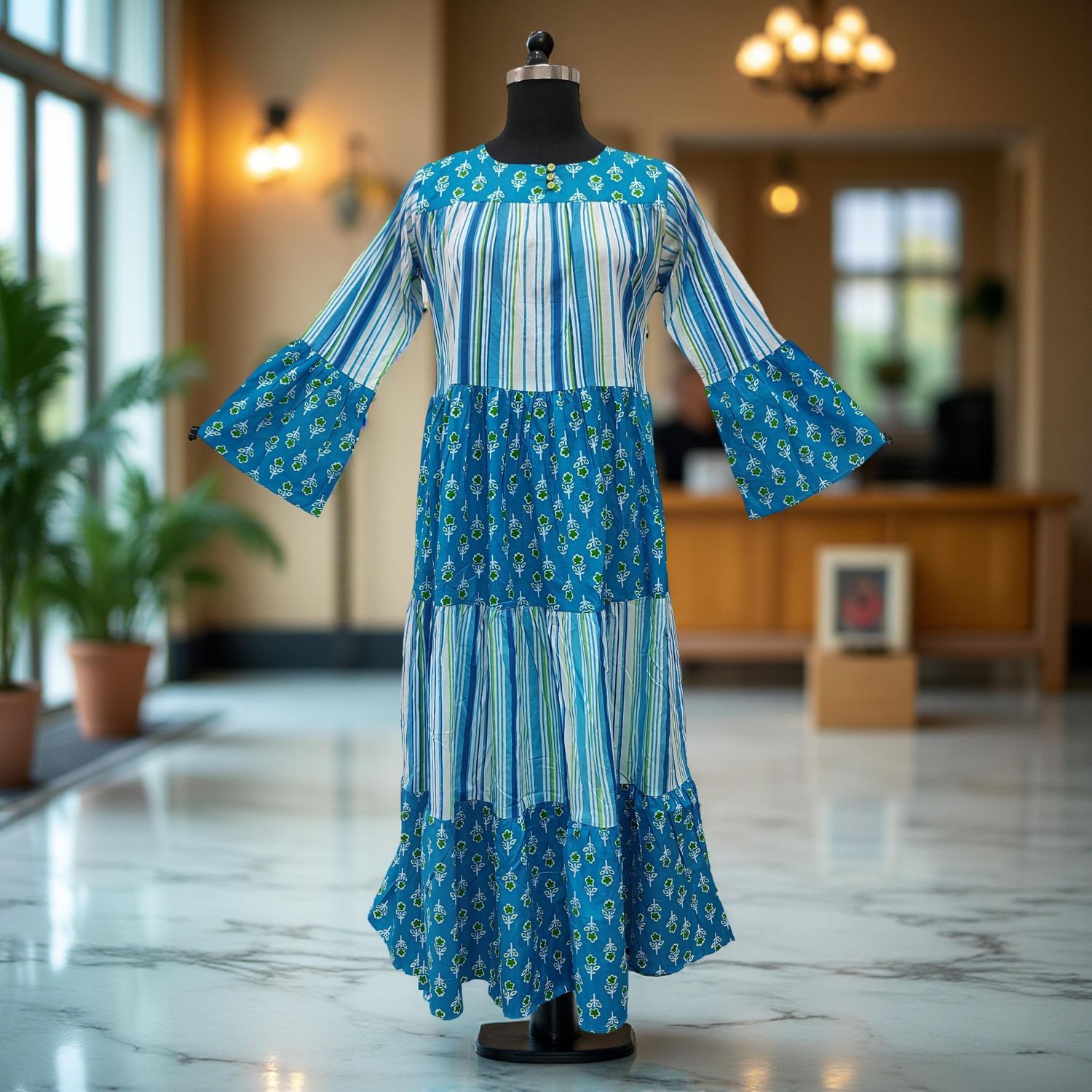 XS/S Sky And White Moon Printed Cotton Dress 54&quot; Long Jalabiya