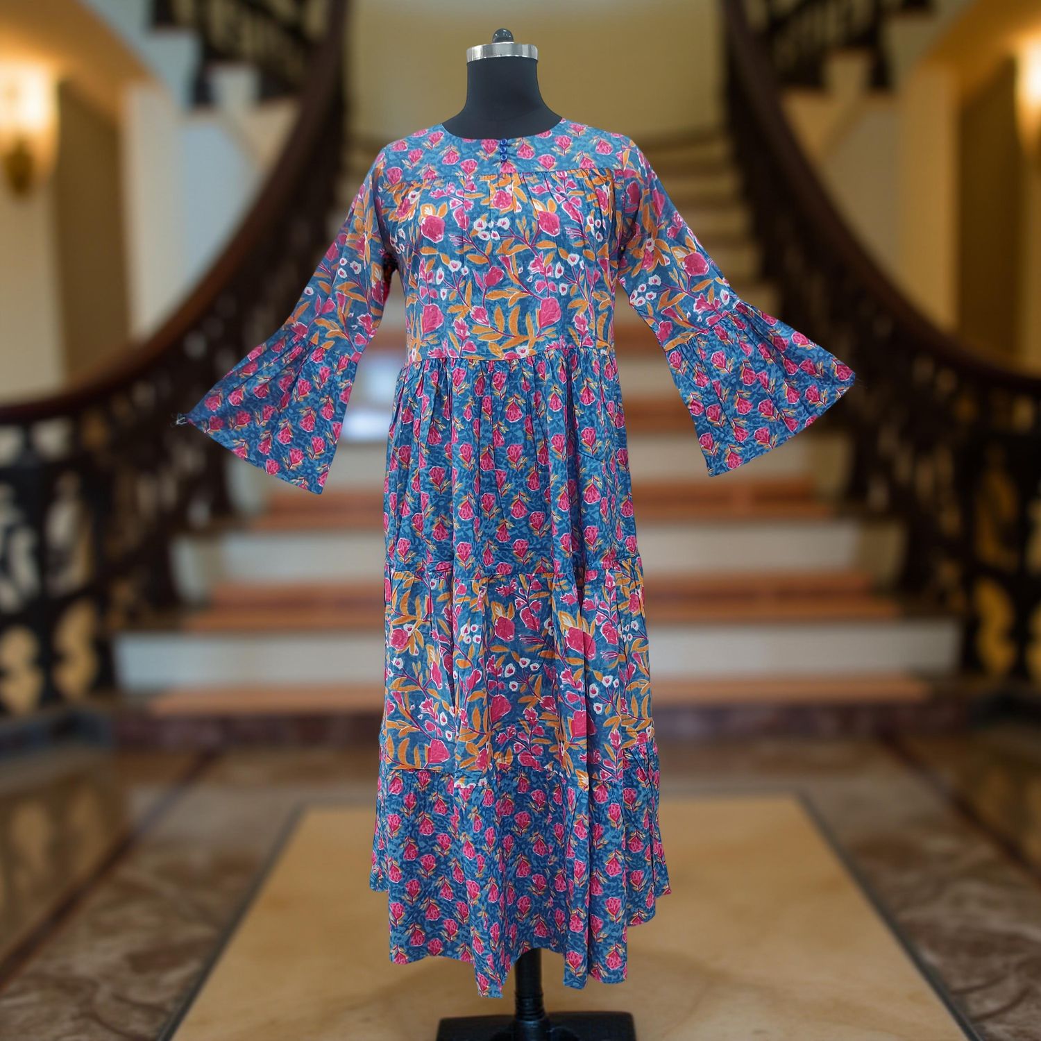 L/XL Blue And Pink Moon Printed Cotton Dress 57&quot; Long Jalabiya