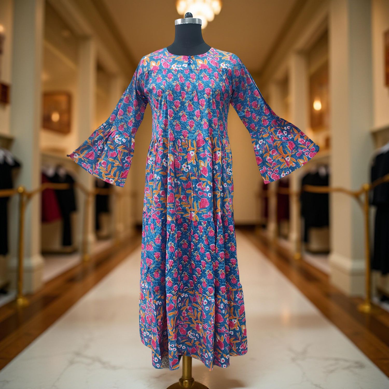 XS/S Blue And Yellow Moon Printed Cotton Dress 54&quot; Long Jalabiya