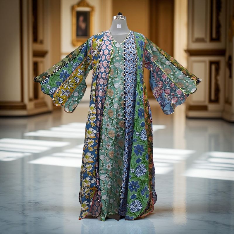 L-XL Meher Multi Printed Cotton Dress 57&quot; Long Jalabiya
