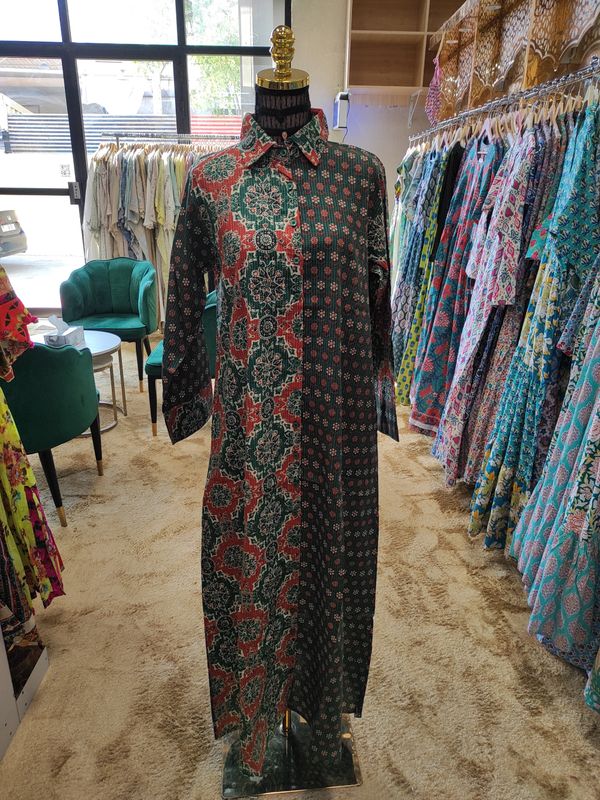 XS/S Singapore Blue Printed Cotton Dress 54&quot; Long Jalabiya
