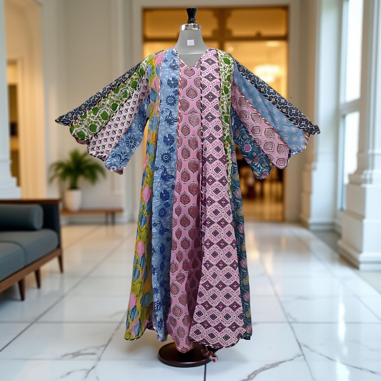 L-XL Meher Multi Printed Cotton Dress 57&quot; Long Jalabiya