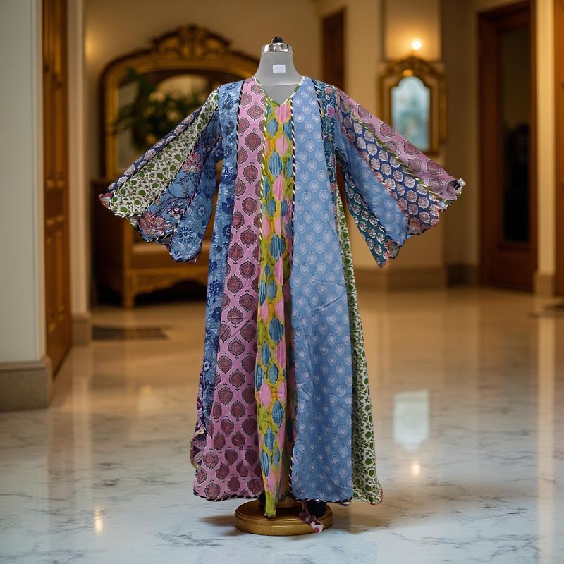 L-XL Meher Multi Printed Cotton Dress 57&quot; Long Jalabiya