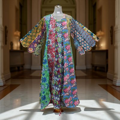L-XL Meher Multi Printed Cotton Dress 57&quot; Long Jalabiya
