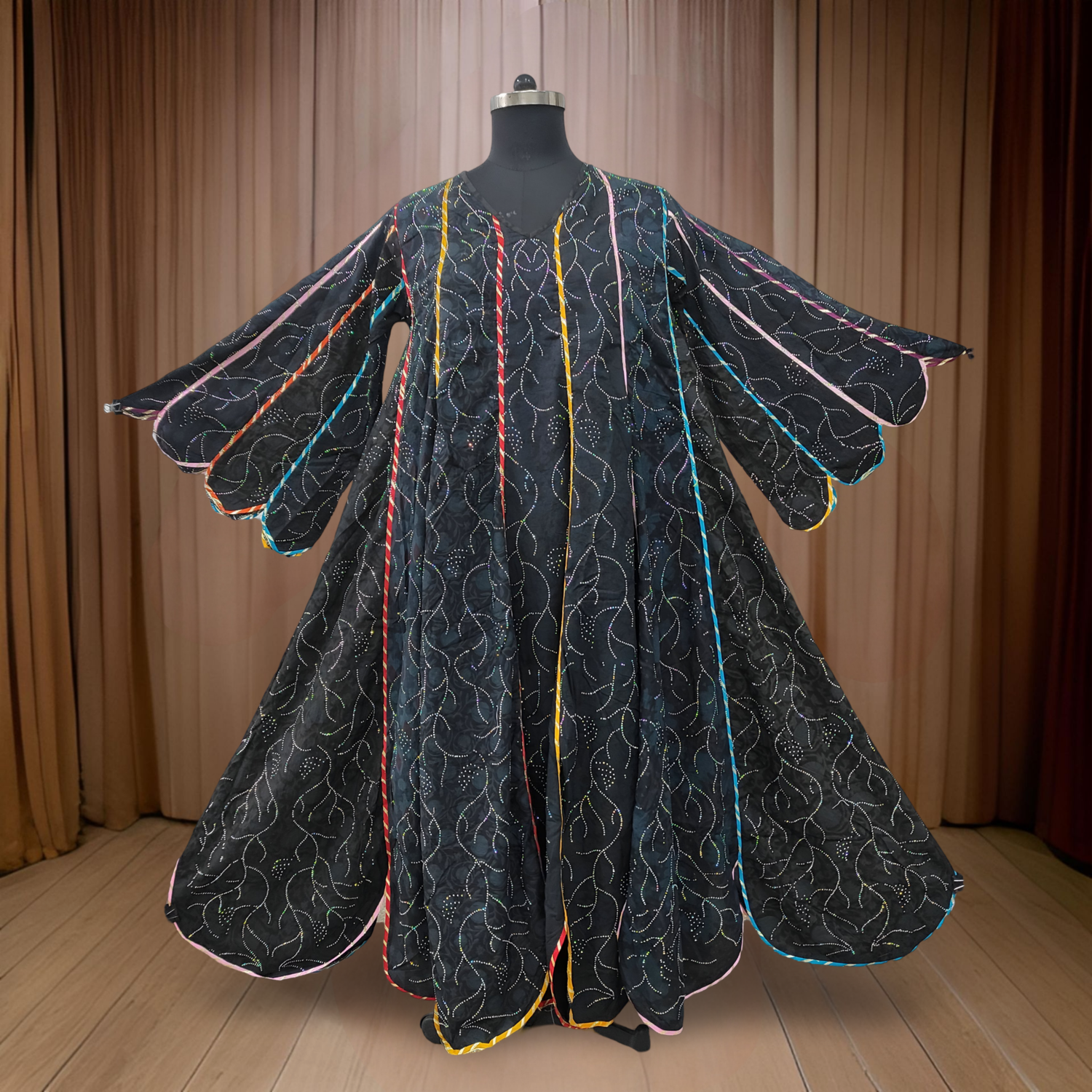L/XL Meher Black Multi Printed Cotton Dress 57&quot; Long Jalabiya