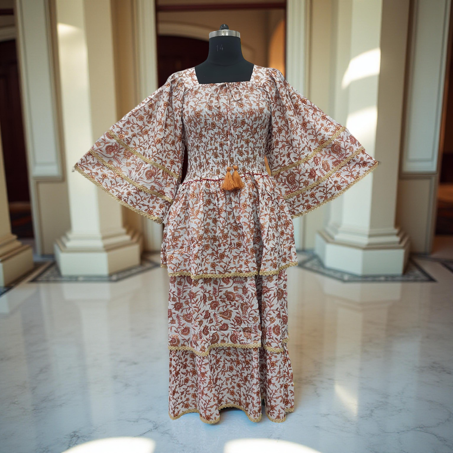 L/XL Rahima Gold Printed Cotton Dress 57&quot; Long Jalabiya