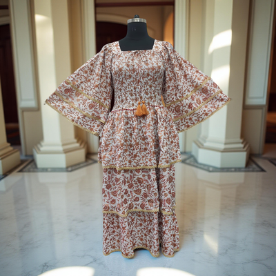 L/XL Rahima Gold Printed Cotton Dress 57&quot; Long Jalabiya