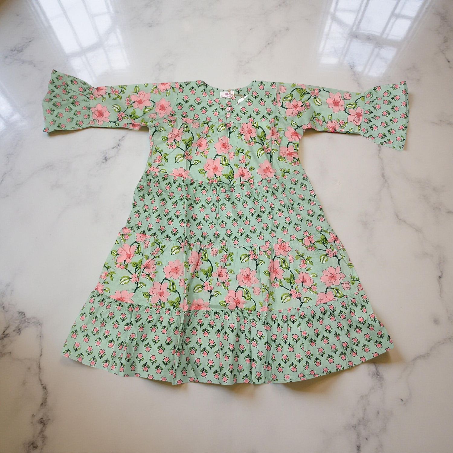 4-5 Year Pink And Peach Moon Printed Cotton Girls Dress 34&quot; Long Jalabiya