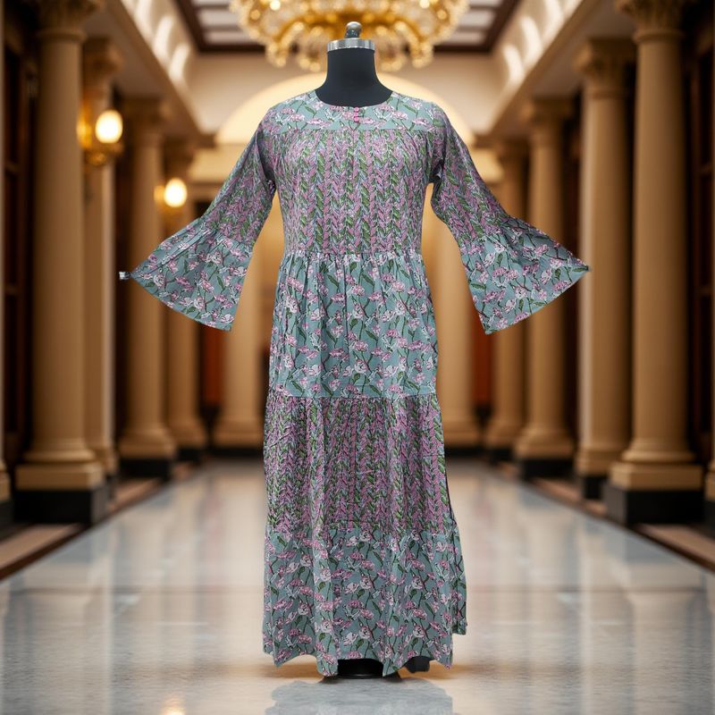 10-11 Year Gray And Pink Moon Printed Cotton Dress 46&quot; Long Jalabiya