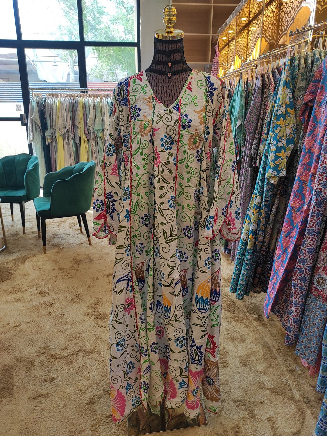 L/XL Meher Crystal White Multi Cotton Dress 56&quot; Long Jalabiya
