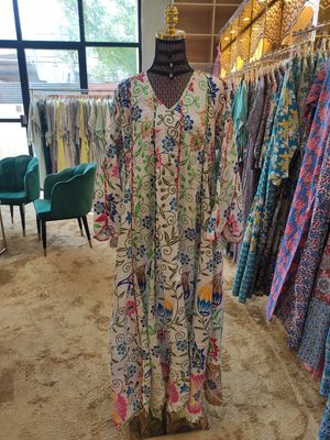 L/XL Meher Crystal White Multi Cotton Dress 56&quot; Long Jalabiya