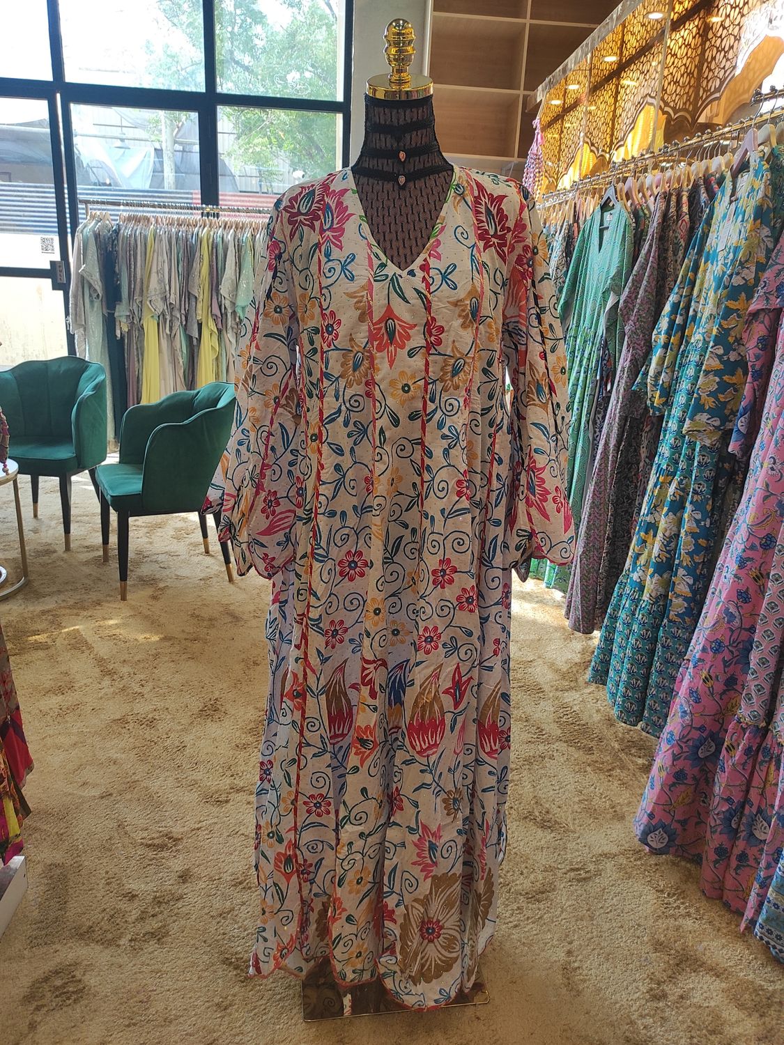 L/XL Meher Crystal White Multi Cotton Dress 56&quot; Long Jalabiya