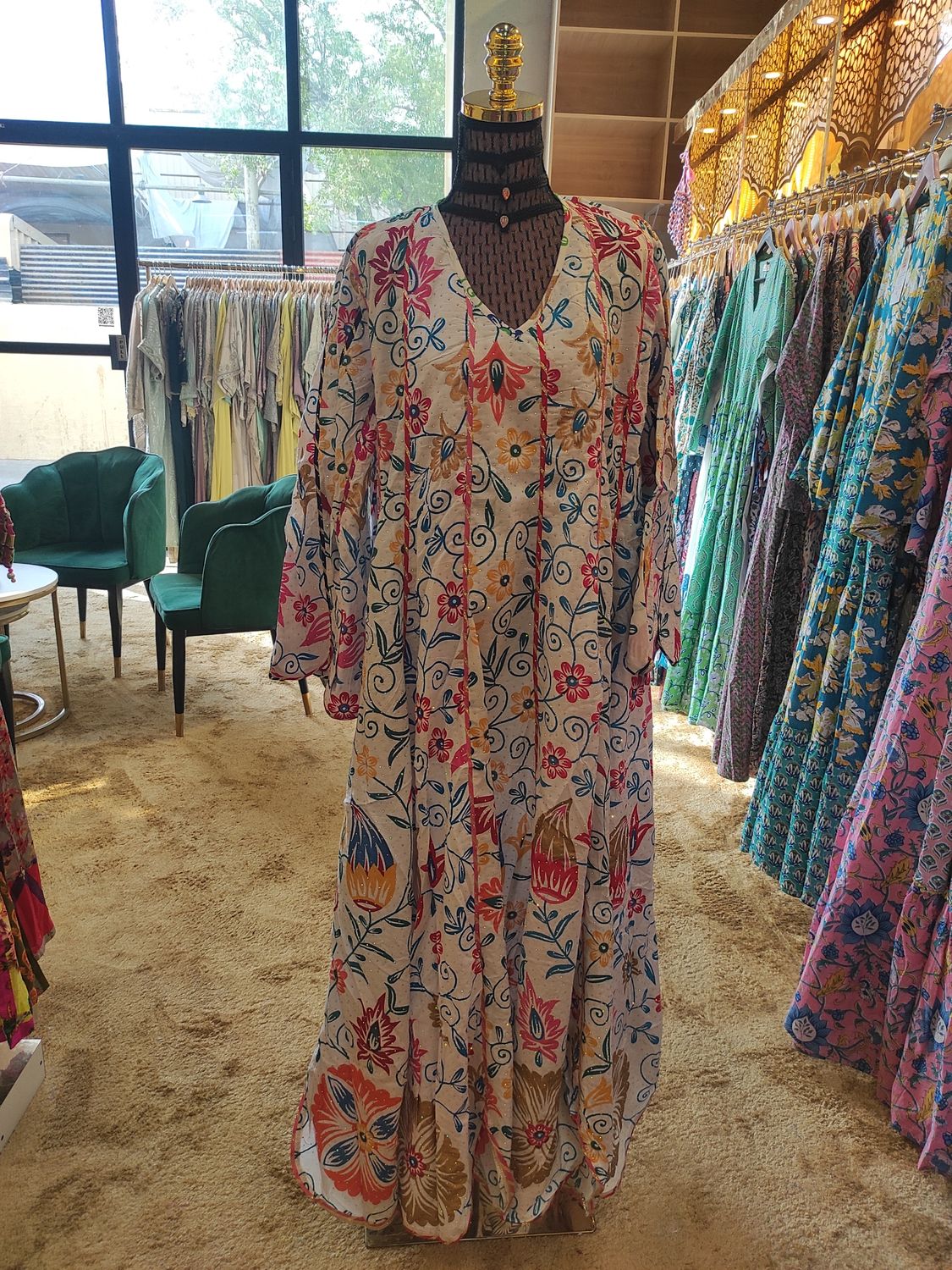 L/XL   Meher Crystal White Cotton Dress 56&quot; Long Jalabiya