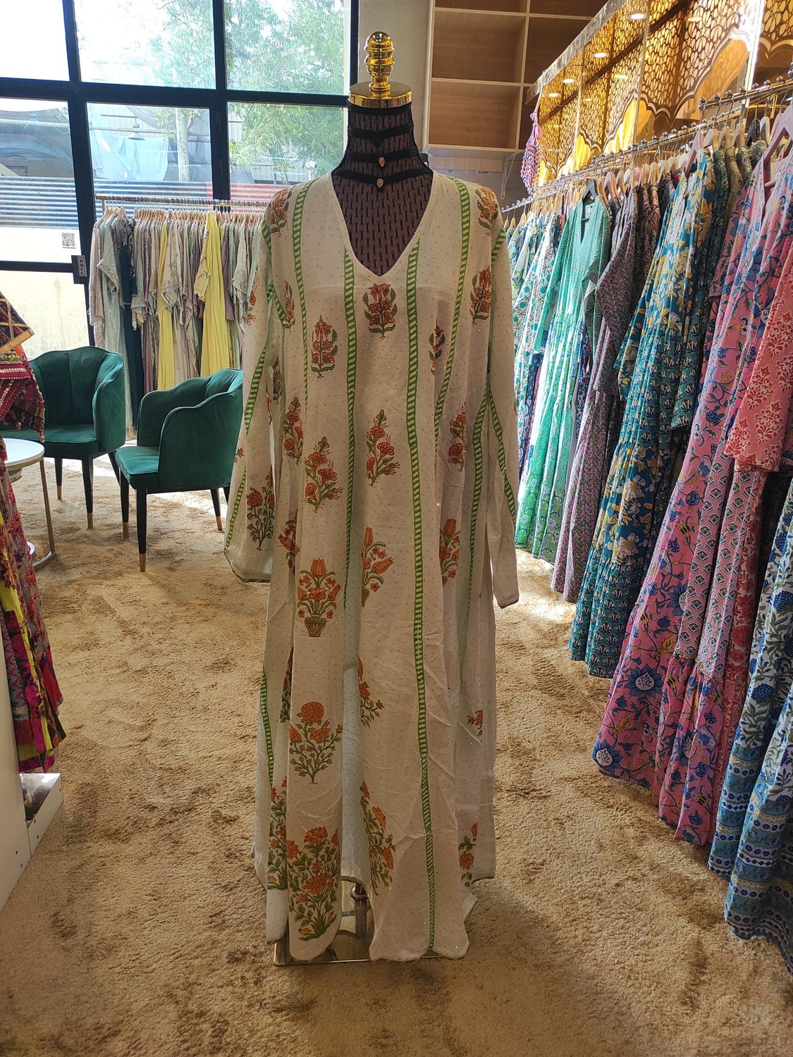 L/XL 2/3  Meher Crystal White Cotton Dress 56&quot; Long Jalabiya