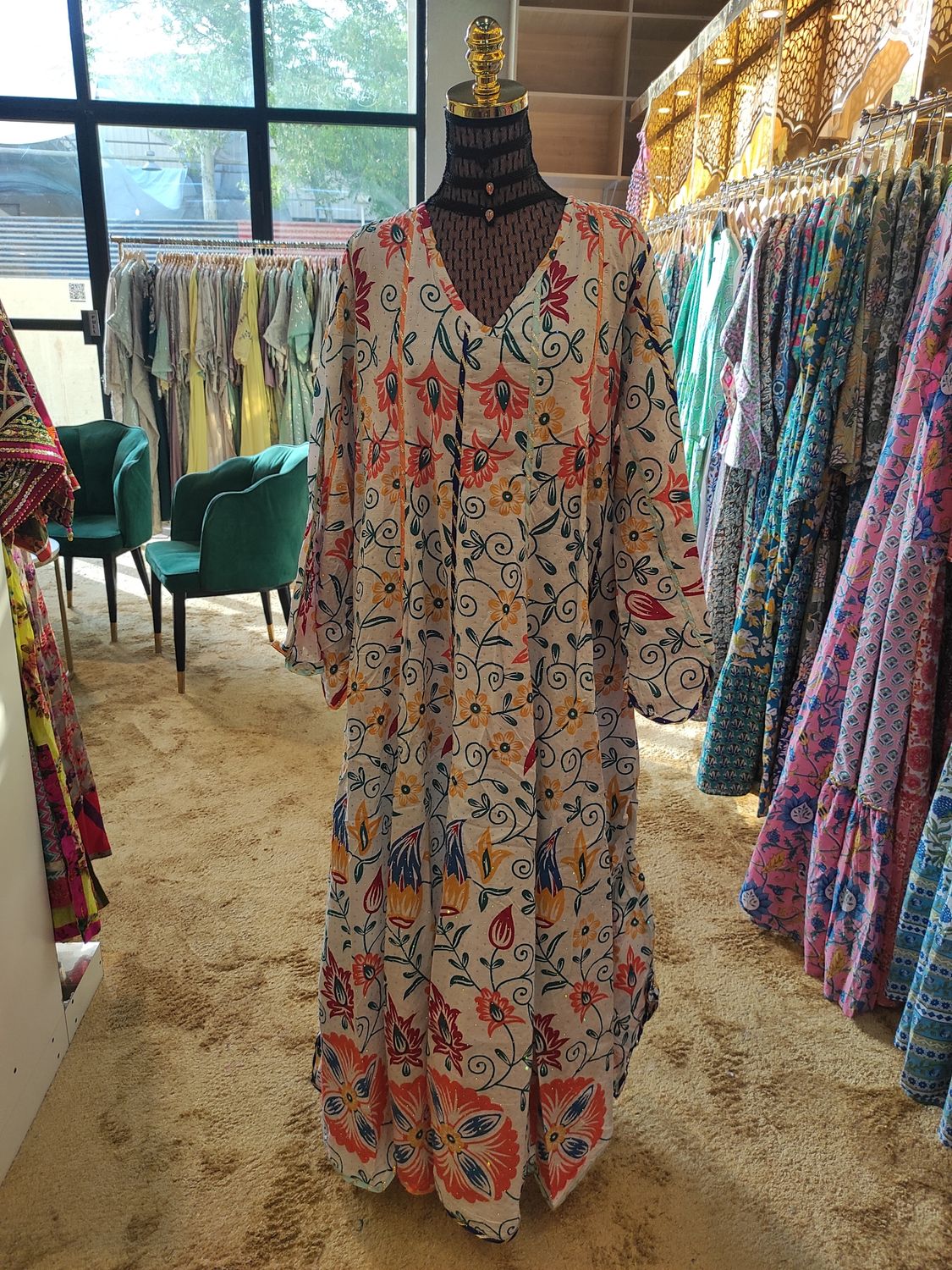 L/XL   Meher Crystal White Cotton Dress 56&quot; Long Jalabiya