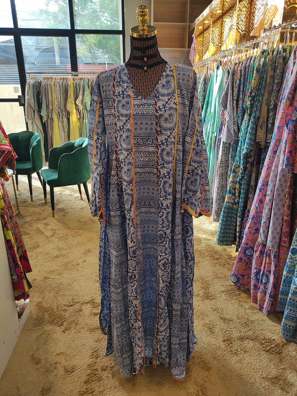 L/XL Meher Crystal Multi Printed Cotton Dress 57&quot; Long Jalabiya