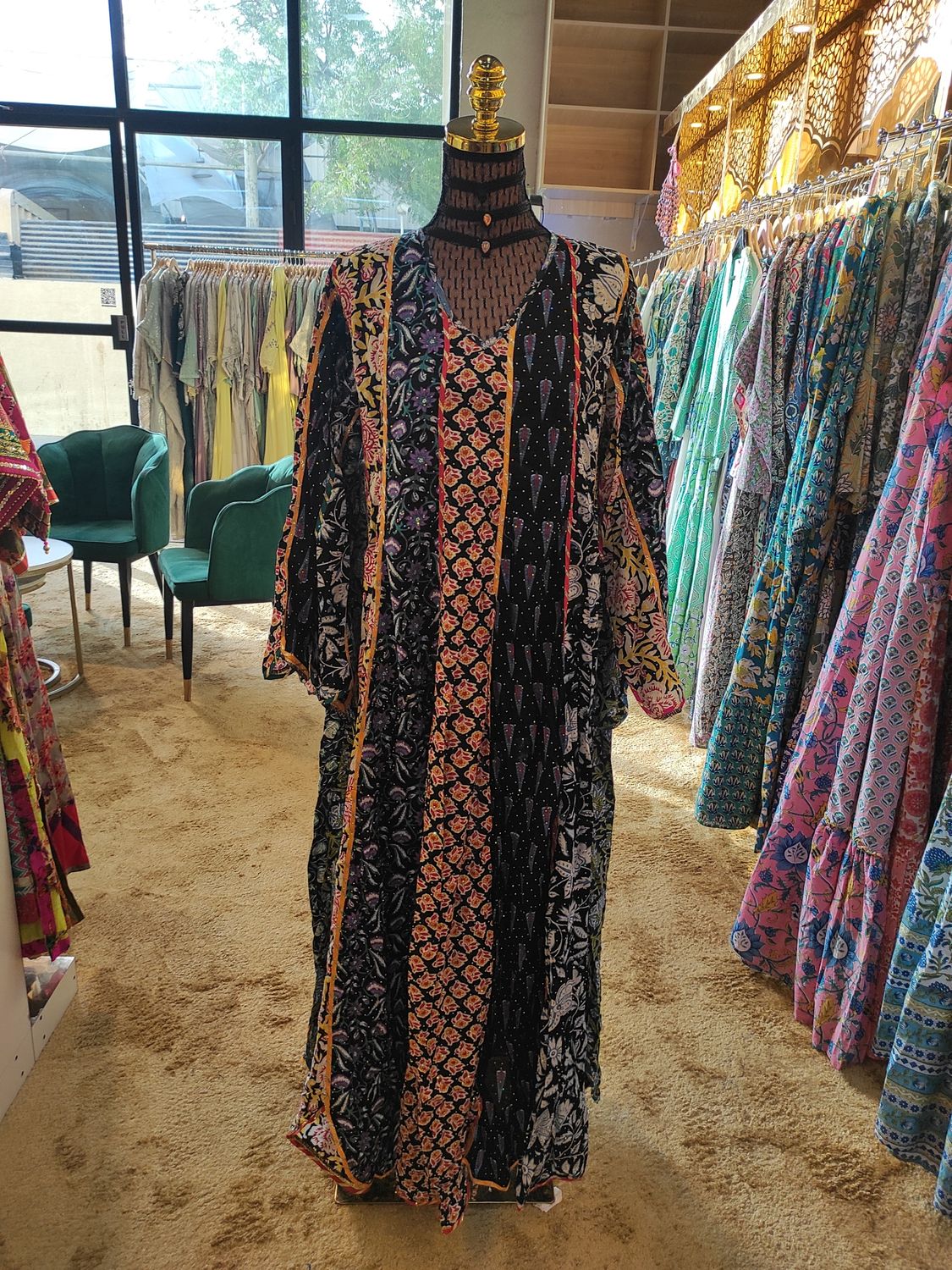 L/XL Meher Crystal Black Printed Cotton Dress 57&quot; Long Jalabiya