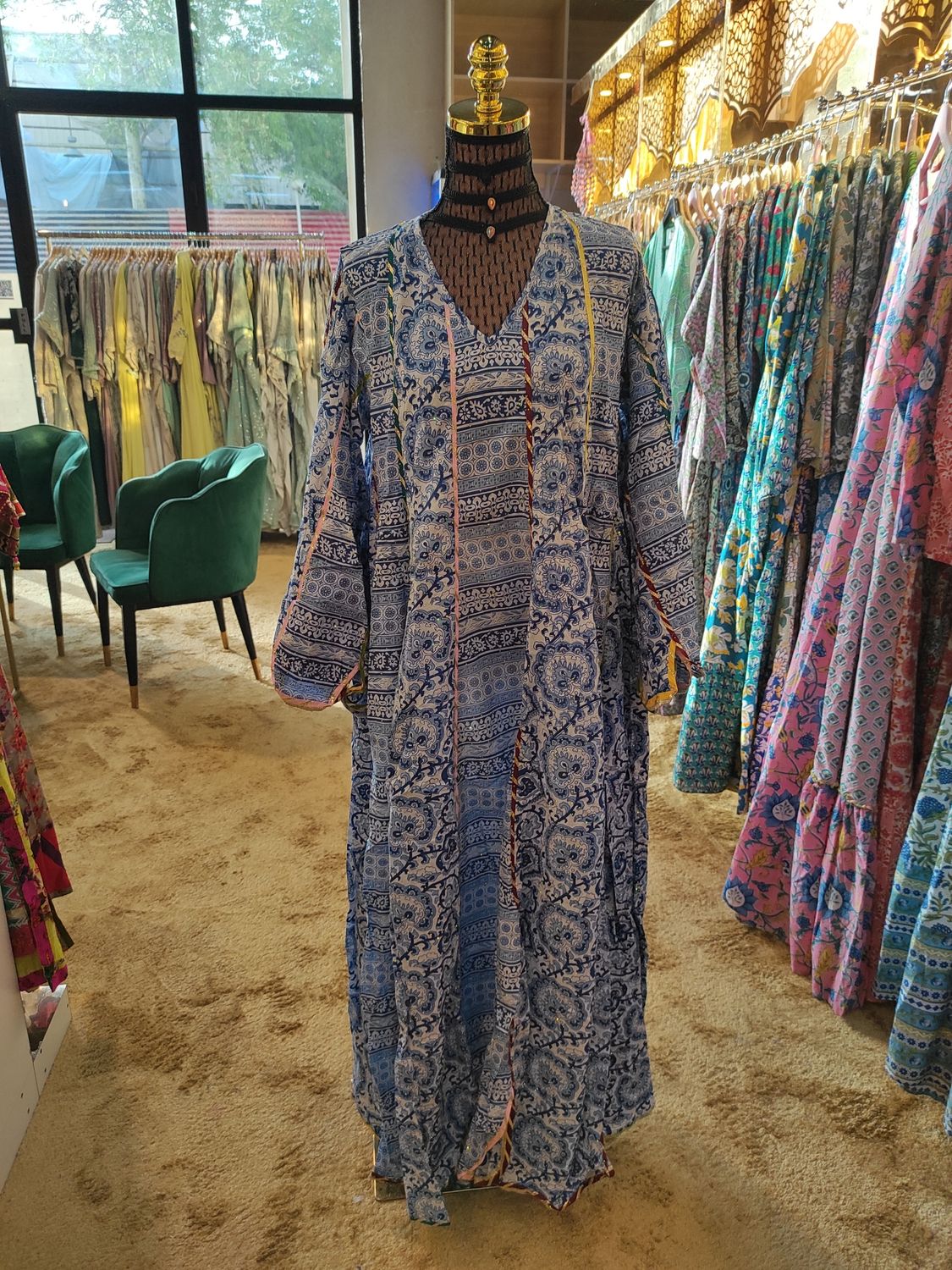 S/M  Meher Crystal Leavf Multi Printed Cotton  Dress 57&quot; Long Jalabiya