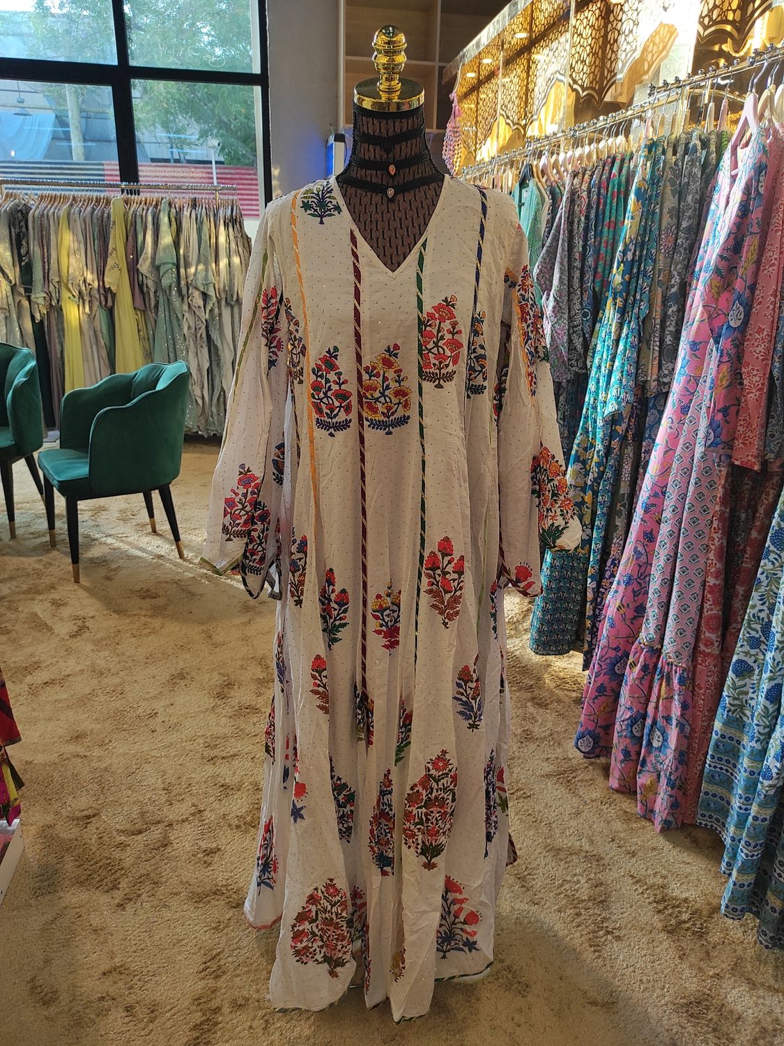 S/M Meher Crystal White Printed Cotton Dress 56&quot; Long Jalabiya