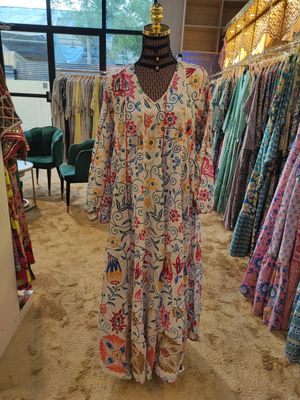 S/M Meher Crystal White Printed Cotton Dress 56&quot; Long Jalabiya