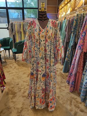 S/M Meher Crystal White Printed Cotton Dress 56&quot; Long Jalabiya