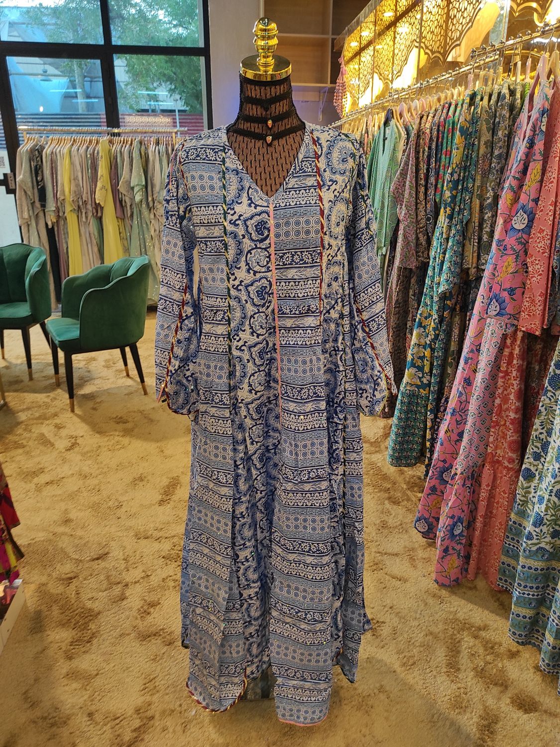 XS/S Meher Crystal Multi Printed Cotton Dress 54&quot; Long Jalabiya