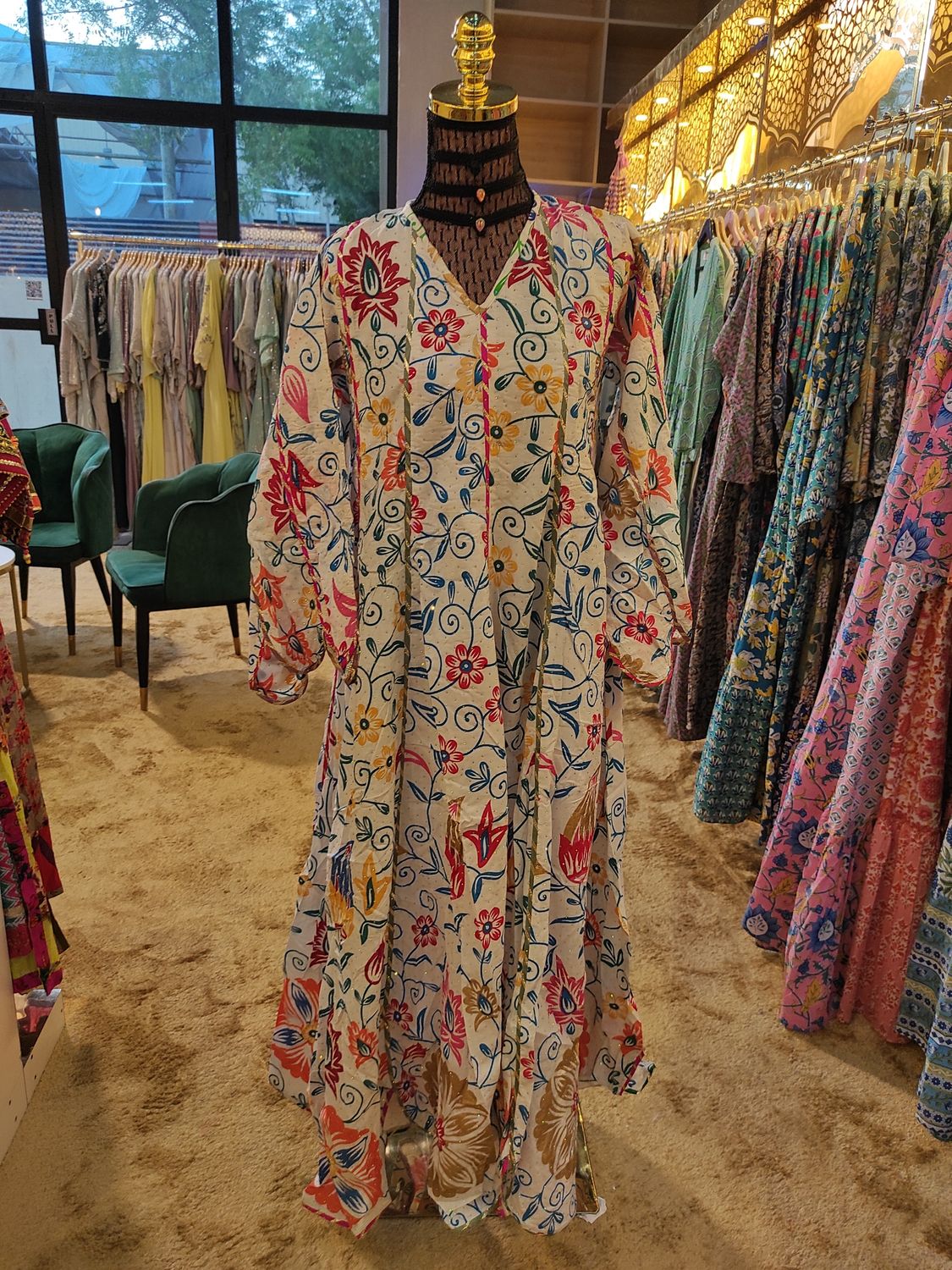 XS/S  Meher Crystal White Multi Printed Cotton Dress 54&quot; Long Jalabiya