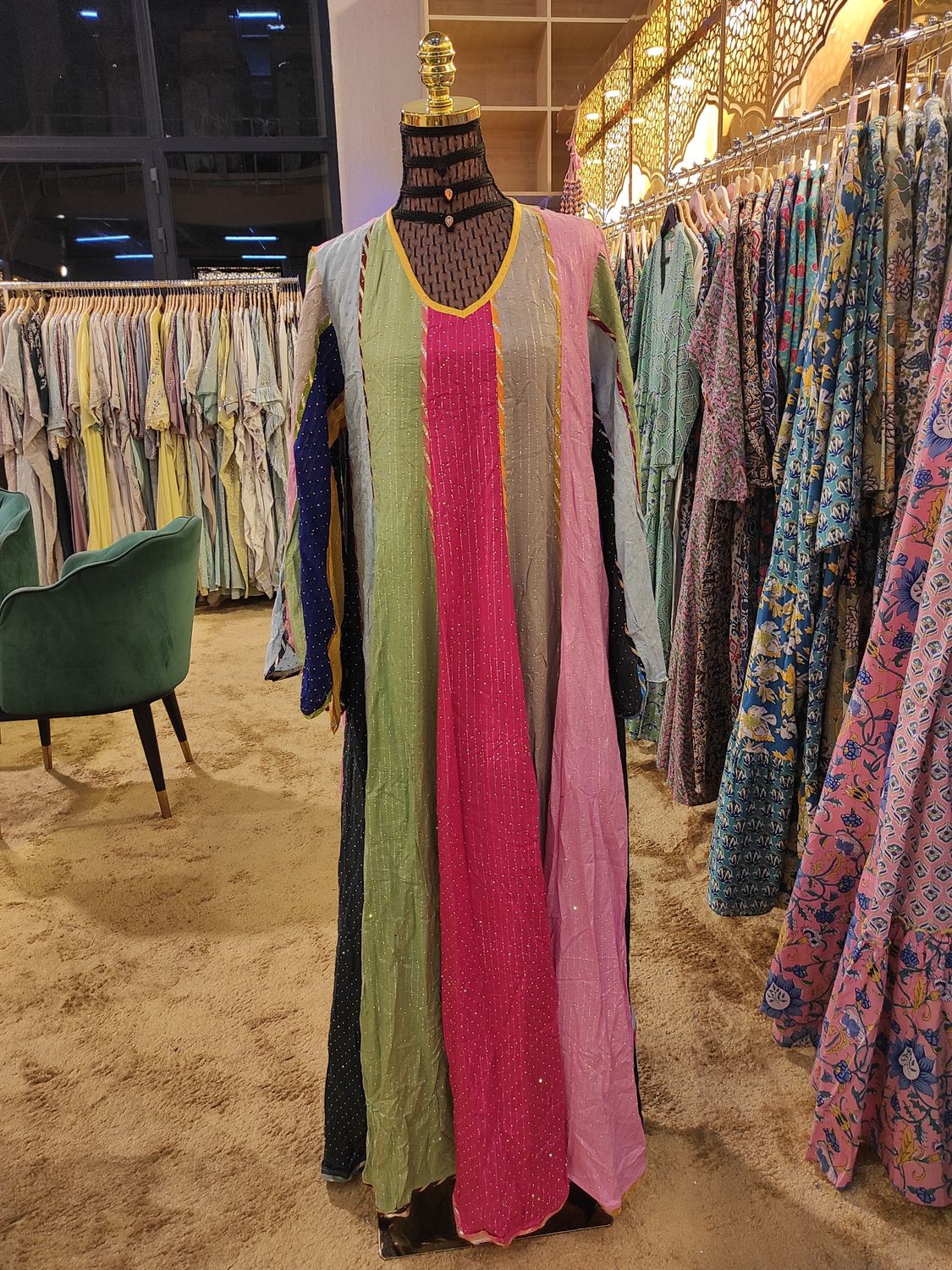 S/M Meher Crystal Multi Printed Silk Dress 56&quot; Long Jalabiya