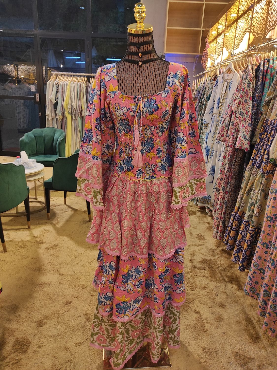 S/M  Crystal Rahima Multi Printed Cotton  Dress 57&quot; Long Jalabiya