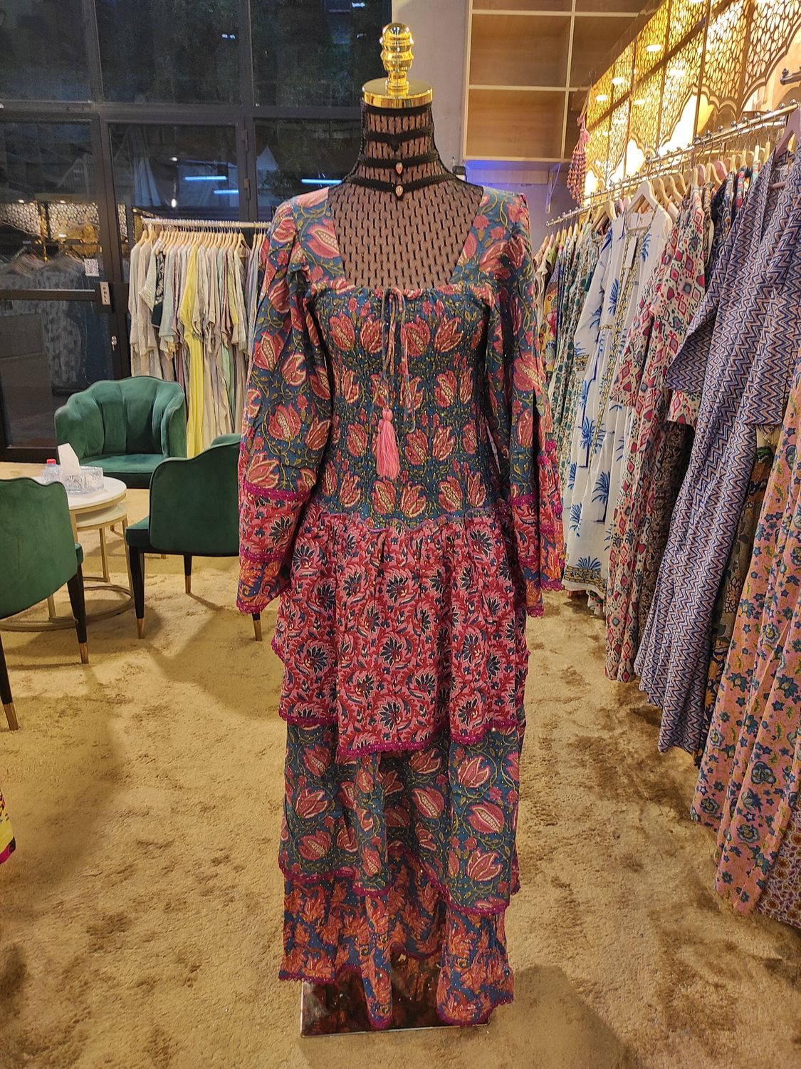 L/XL  Crystal Rahima Multi Printed Cotton  Dress 57&quot; Long Jalabiya