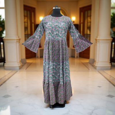 12-13 Year Gray And Pink Moon Printed Cotton Girls Dress 50&quot; Long Jalabiya
