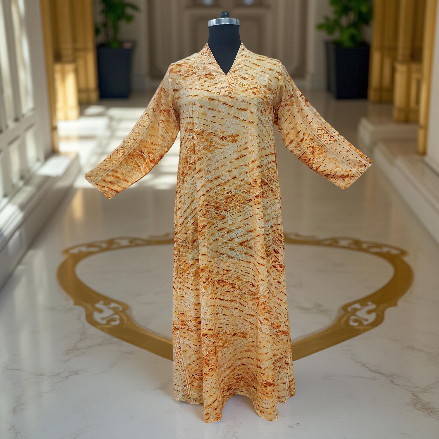 S/M Teena Silk Printed Cotton Dress 57&quot; Long Jalabiya