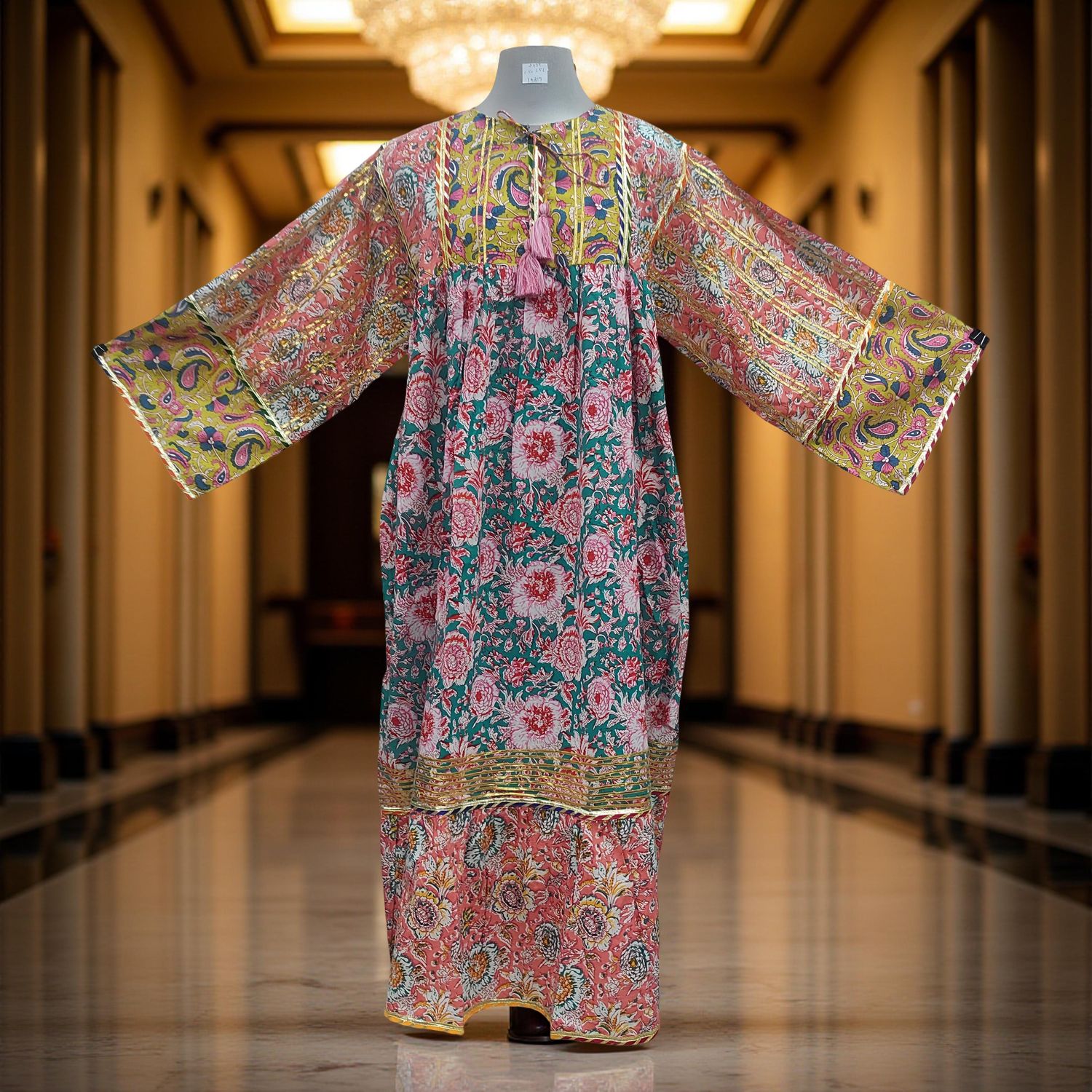 2XL/3XL Ebrah Printed Cotton Dress 56&quot; Long Jalabiya