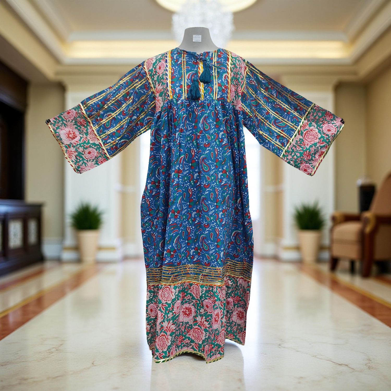 2XL/3XL Ebrah Printed Cotton Dress 56&quot; Long Jalabiya