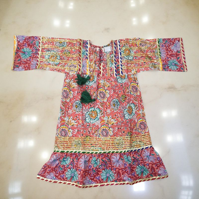 4-5 Year Ebrah Printed Cotton Girls Dress 34&quot; Long Jalabiya