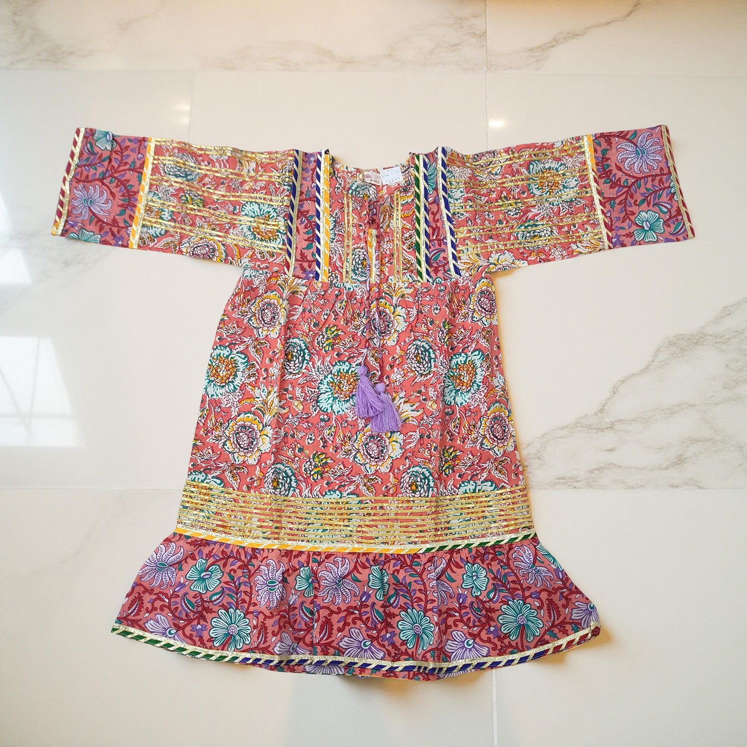 4-5 Year Ebrah Printed Cotton Girls Dress 34&quot; Long Jalabiya
