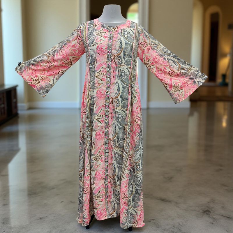 L/XL Nura Silk Printed Cotton Dress 57&quot; Long Jalabiya