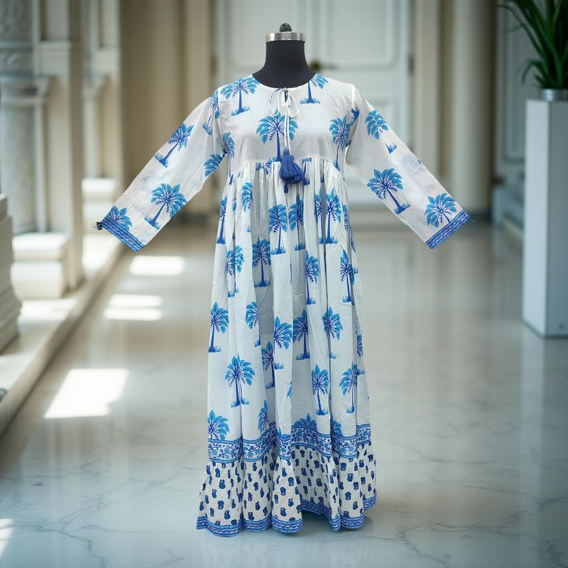 XS/S  Haifa Printed Cotton Dress 54&quot; Short Sleeves Jalabiya