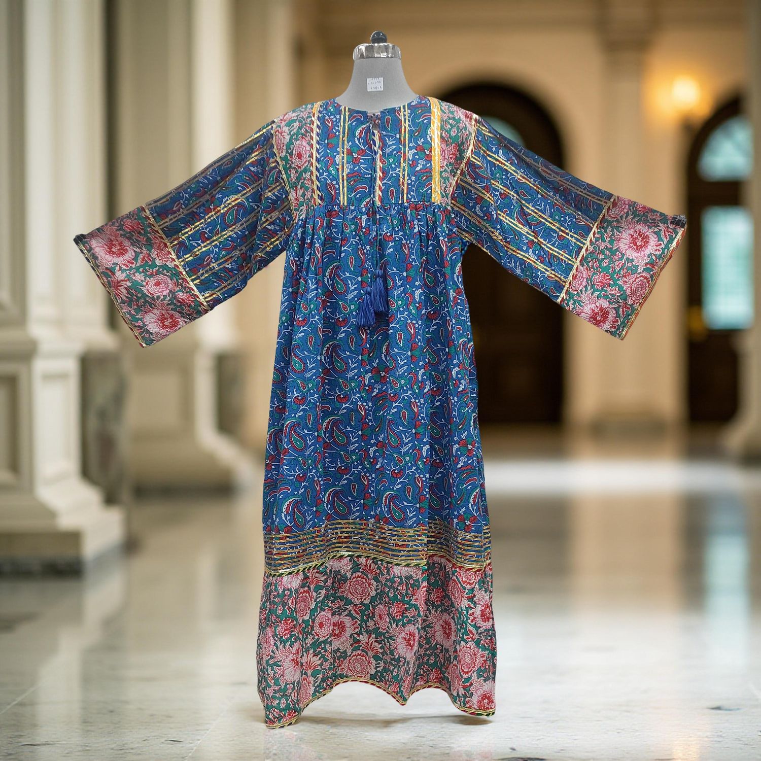 2XL/3XL Ebrah Printed Cotton Dress 56&quot; Long Jalabiya