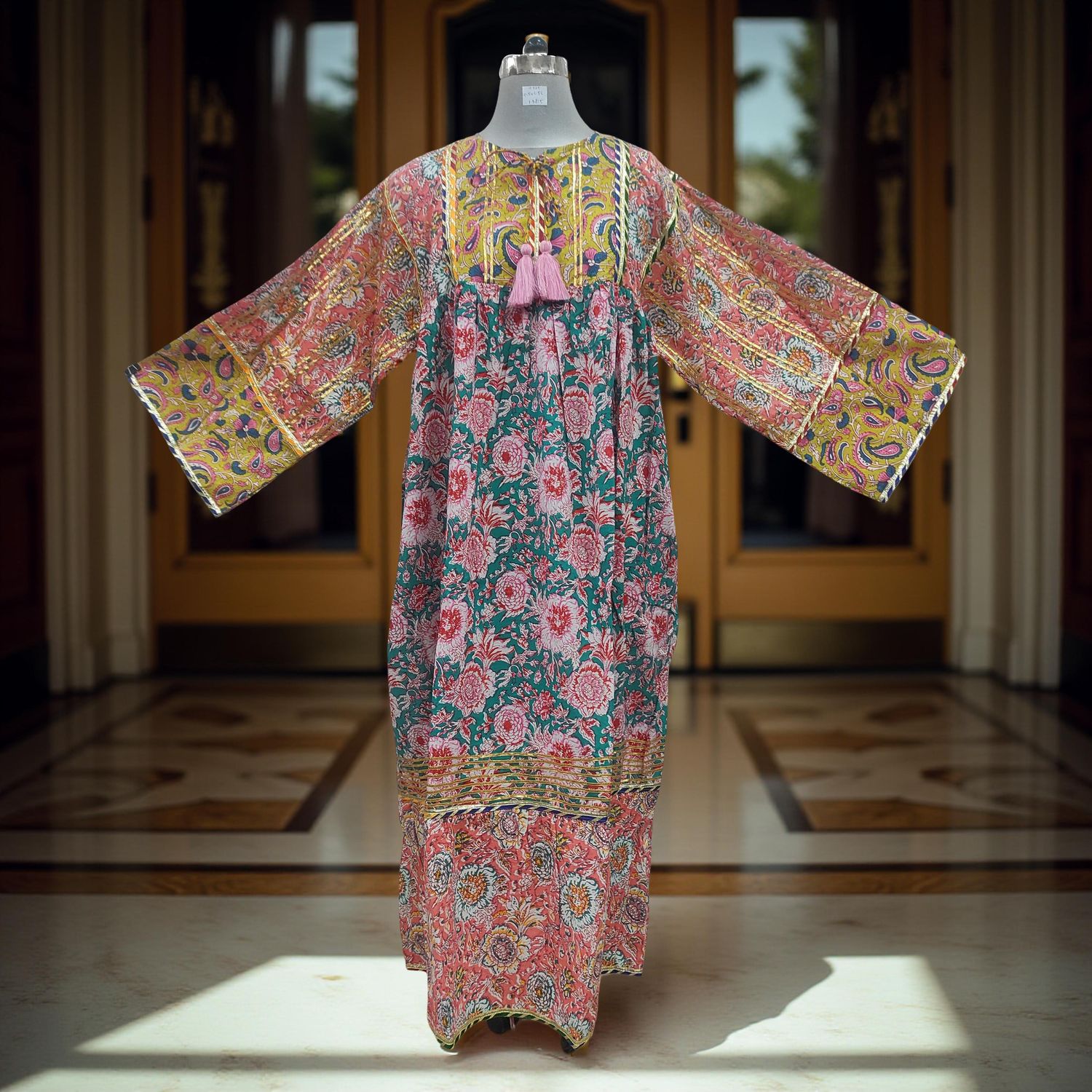 2XL/3XL Ebrah Printed Cotton Dress 56&quot; Long Jalabiya