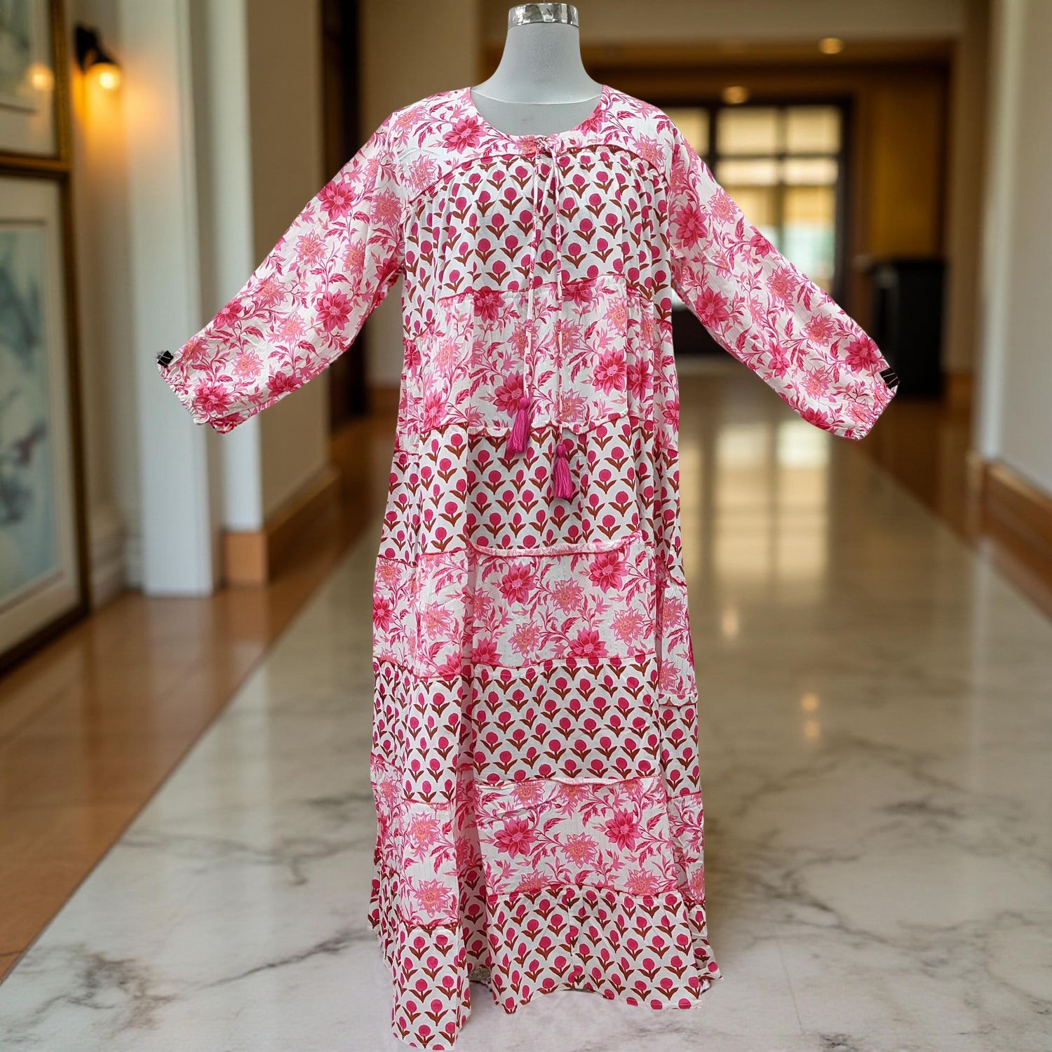 L/XL Bushra Printed Cotton Dress 57&quot; Long Jalabiya
