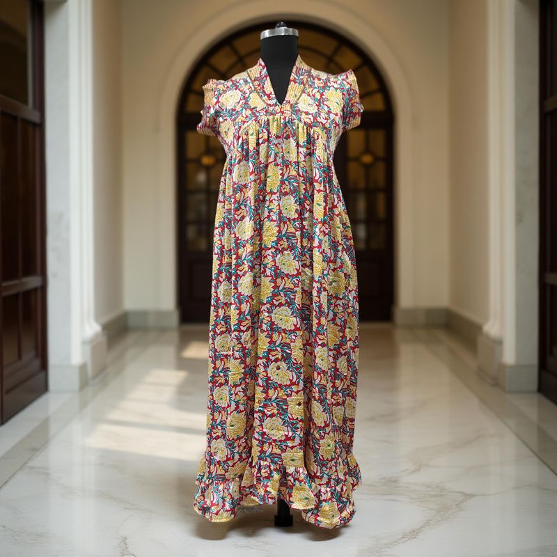 XS/S Amani  Print Silk Dress 54&quot; Short Sleeves Jalabiya