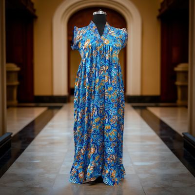 XS/S Amani  Print Silk Dress 54&quot; Short Sleeves Jalabiya